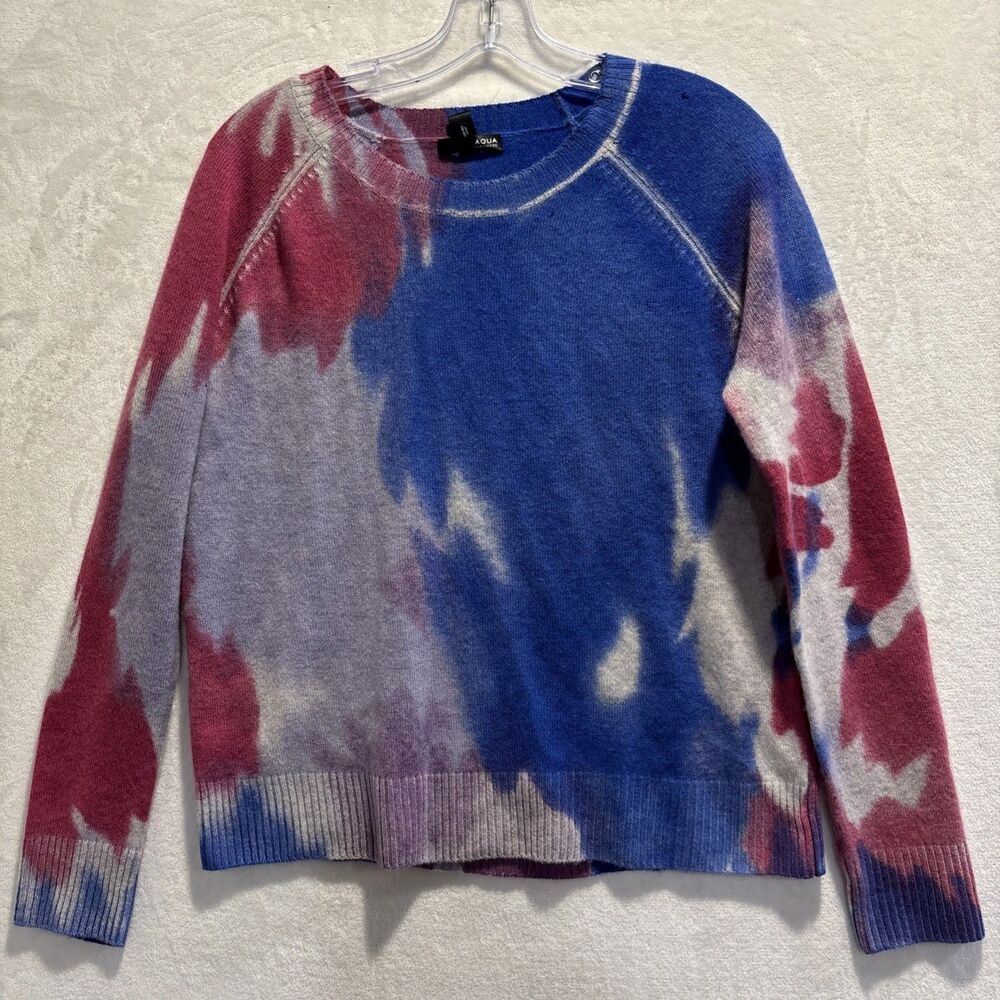 Aqua Cashmere Sweater Women's Small Tie-Dye Crewneck Blue Pink Purple FLAWED